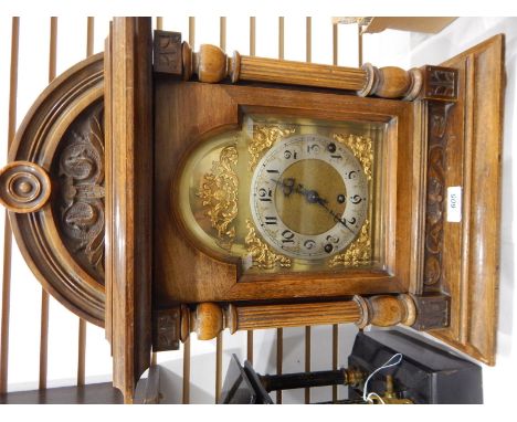Early 20th century German bracket clock, the brass dial with silvered chapter ring, with striking movement inscribed 'Made in