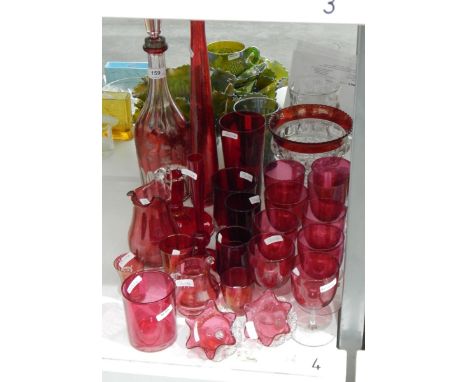 Quantity of cranberry and red glass including a decanter and stopper with etched fruiting vine decoration, wine glasses, jug,