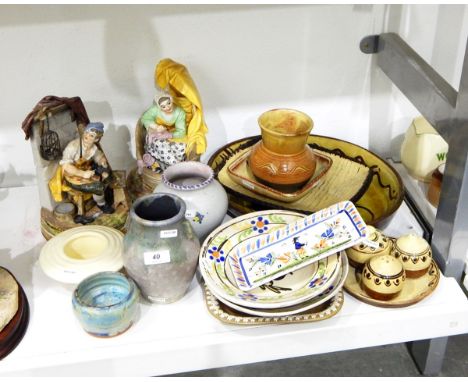 Quantity of various ceramics to include a pair of continental figures, studio pottery, Poole pottery vase, Quimper dish, etc.