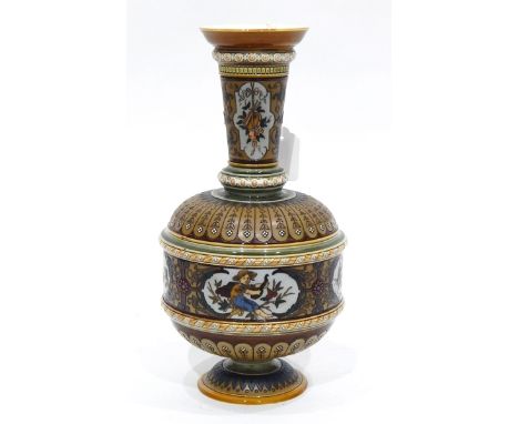Mettlach stoneware vase of ball and shaft pedestal design, incised and raised decoration, depicting cartouches of trophies an