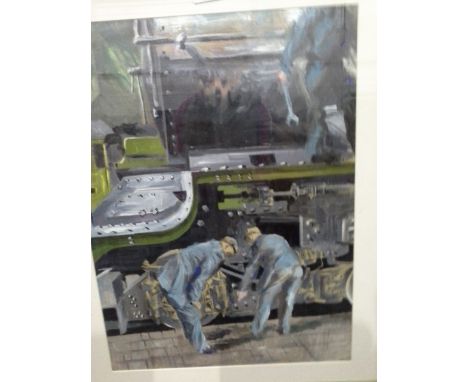 Unattributed (20th century)Acrylic on boardMen examining steam engine at a platform edge, unsigned 