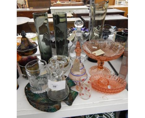 George Davidson patent rose pressed glass comport, three other rose pressed glass dishes, a decanter, two tall glass vases of