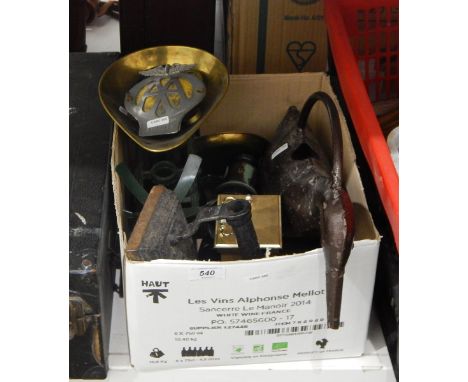 Vintage AA car badge, no. 3a55258, brass and metal weighing scales, a clock, a smoothing iron and a metal duck watering can e