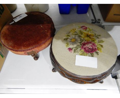 Circular Victorian carved wood footstool with tapestry cover and a small Victorian velvet covered footstool on cabriole legs 