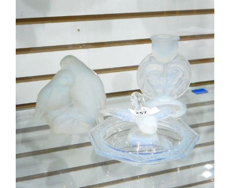 Joblings 'Opalique' opalescent glass group of two budgerigars, 10cm high, incised mark to base, opalescent glass low candlest