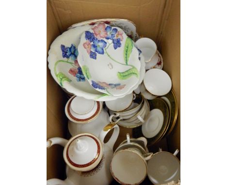 Two Carltonware dishes, pale green ground with blue and red primula, Foley teacups, saucers and a jug, Broadway pattern, Roya