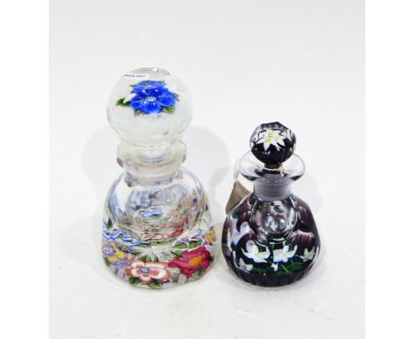 Glass scent bottle by John Deacons, the body with multicoloured lampwork flowers on a white scrambled latticinio base, the st