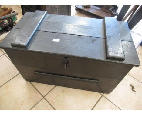 Mid C20th black painted tool chest with cast metal attached sign for Bolton Gate Co. W75cm 