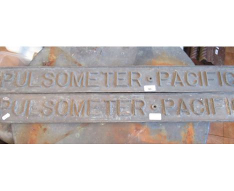 Early C20th pair of Pulsometer Pacific traction engine cast iron plates, W85cm 