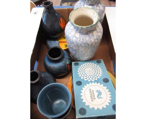 Selection of Poole Pottery vases and small jars decorated with a Flambe glaze in the peacock/living glaze patterns, a pair of