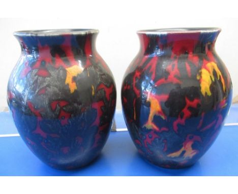 Pair of Poole Pottery bulbous flambe vases, H20cm 
