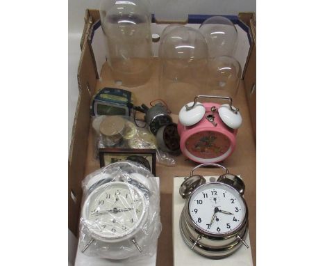 Jaeger electric car clock, two as new chrome plated alarm clocks, another alarm clock, 400 day clock domes and miscellaneous 