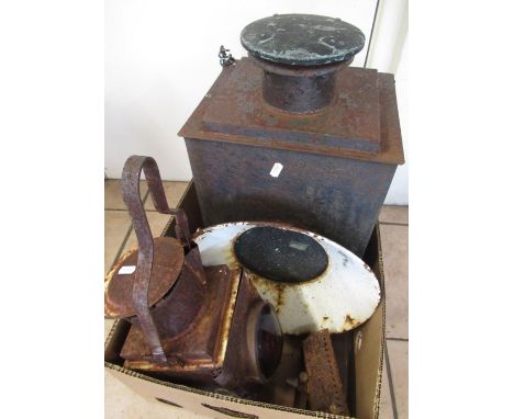Early C20th railway signal lamp with rear plate for LMS railway 55cm, together with one smaller railway lamp - A/F well ruste