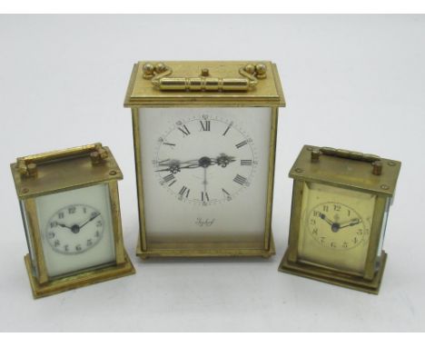 Imhorf Swiss brass cased carriage clock type travel alarm, two miniature brass cased carriage clock timepieces (3) 