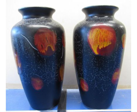 Pair of Poole Pottery black flambe vases in the living glaze/volcano pattern, H21cm 