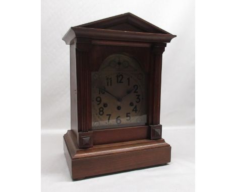 Junghans early C20th beech cased mantel clock, architectural designed case, break arch door enclosing silvered dial with art 