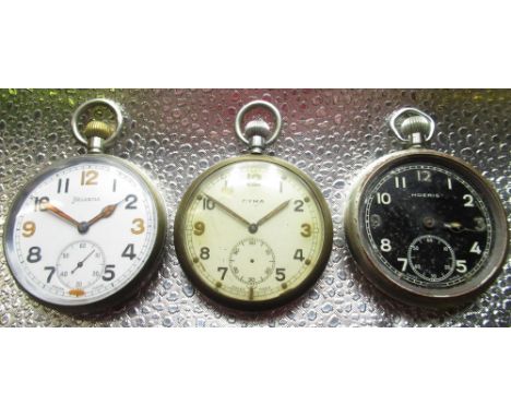Helvetia WWII British Military issue G.S.T.P. pocket watch, three piece plated case with snap on bezel and back, GS/TP P33132