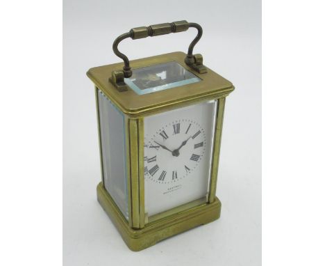 R &amp; Co, Paris, retailed by Castrell South Kensington, early C20th brass cased carriage clock timepiece with replaced plat