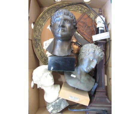 Selection of modern Greco-Roman collectables to include three busts, plaques, charger and column form lamp 