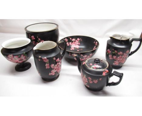 W &amp; R Carlton Ware jardinière, matte black ground decorated with pink apple blossom, Rd. No. 654181, H19cm, and other mat