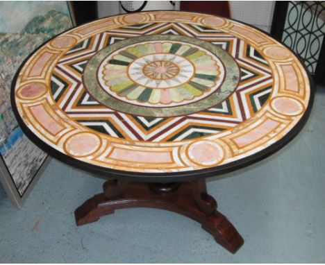 CENTRE TABLE, with a circular specimen marble top on a triform base with a central column, 106cm W x 76cm H. 
