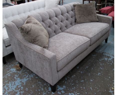 SOFA, two seater, in grey/brown fabric on square supports, 170cm L.