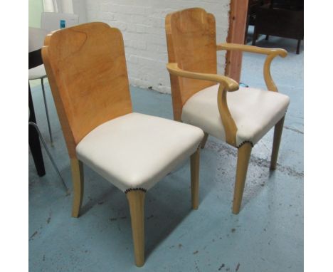 DINING CHAIRS, a set of six, including two armchairs, Art Deco style, light walnut frames, seats in white leatherette (with f