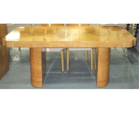 DINING TABLE, Art Deco style, light walnut with twin pedestal supports, 80cm H x 182cm W x 90cm D. (with faults)