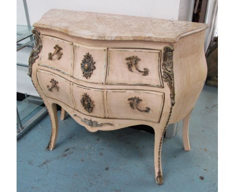 COMMODE, marble top on distressed painted base with metal mounts, 106cm W x 45cm D x 92cm H. 