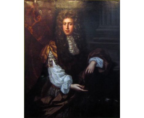 MANNER OF GODFREY KNELLER, 'Portrait of a bewigged gentleman' oil on canvas, 124cm x 98cm. (with faults)