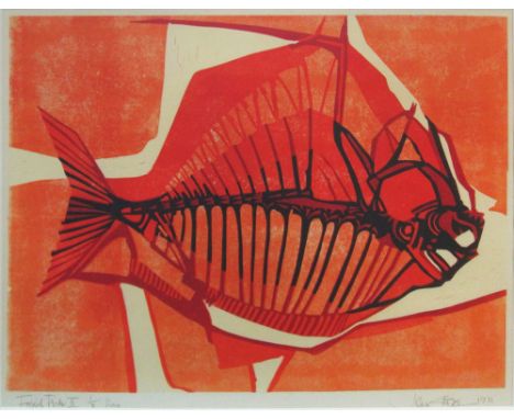 JOHN STOPS (RWA, 1925-2002), 'Fossil Fish II' 1971, linocut using 'Elimination' method, numbered 1/8, signed and dated lower 