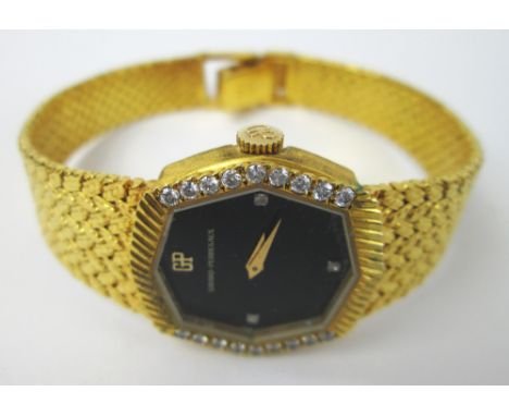 GIRARD PERREGAUX Ladies wristwatch, two piece gold plated case with black enamel set dial and diamond set bezel, seventeen je