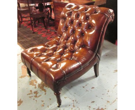 CLUB CHAIR, button upholstered tan brown leather with turned front supports, 67cm W.