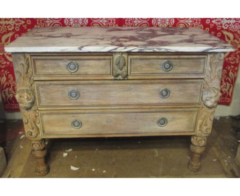 COMMODE, 18th century style Italian pine and limewood with three drawers flanked by carved cherub columns, turned supports an
