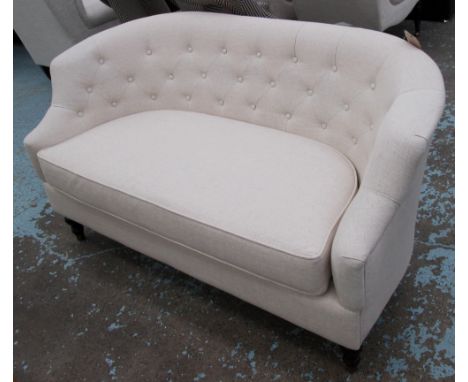 SOFA, two seater, button back in oatmeal fabric, 147cm L x 80cm W x 75cm H. 