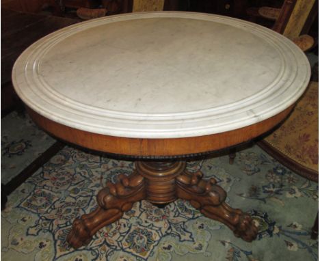GUERIDON, Louis Philippe rosewood, with a channelled circular white marble top on a spiral carved central column with triform