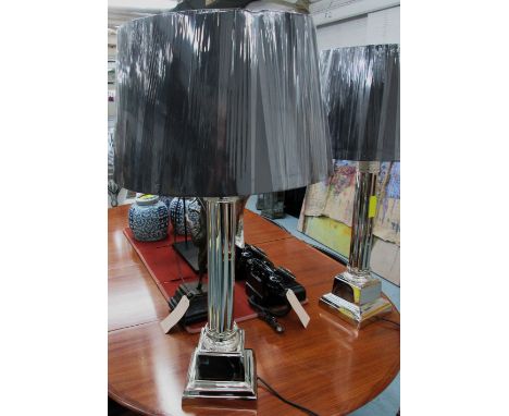 TABLE LAMPS, a pair, column style, in chromed metal finish with shades, 90cm H. (2)