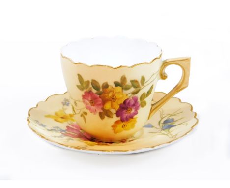 A Royal Worcester blush ivory demi tasse cup and saucer, c.1900, saucer 9cm dia.