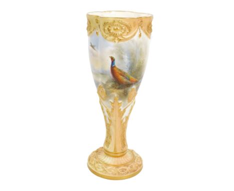 A Royal Worcester large tulip vase, decorated by James Stinton, painted with a cock pheasant, signed JAS Stinton, shape G1047