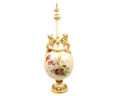 A Royal Worcester blush ivory centre vase and cover, of large proportion, c.1891, decorated with poppies and insects, puce Wo