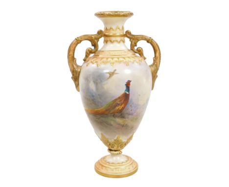 A Royal Worcester two handled vase, decorated by James Stinton, painted with a cock pheasant, signed JAS Stinton, puce mark f