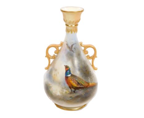 A Royal Worcester two handled vase, decorated by James Stinton , painted with a cock pheasant, signed JAS Stinton, shape code