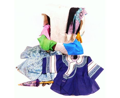 Various material silk work, throws, part clothing, mainly Chinese Qing period and later, parasol, etc.,  contained in a tin t