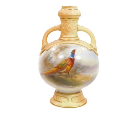 A Royal Worcester two handled baluster vase, decorated by James Stinton, painted with a cock pheasant, signed JAS Stinton, sh