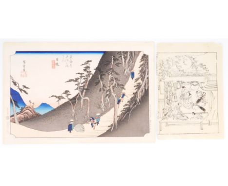 19thC Japanese School.  Interior scene and another, figures climbing hill, block print, in colours, signed, 23cm x 36cm.  (2)