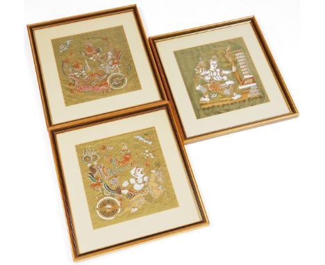 18thC Indian School.  Gods in interior setting, material print, possibly silk, 30cm x 27cm, and two others similar.  (3)