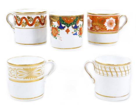 Five early 19thC Spode coffee cans, c.1810, one decorated with a border of Imari design, another decorated with a gilt oval, 