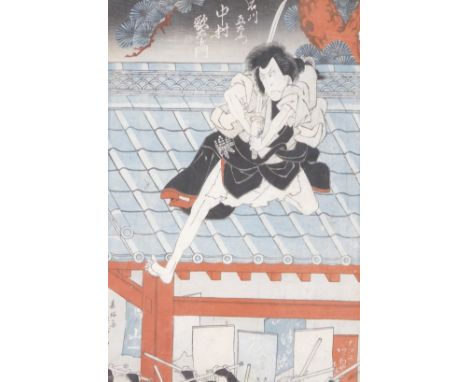 19thC Japanese School.  Figure of a Samurai on roof top, block print in colours, signed, 38cm x 25cm.