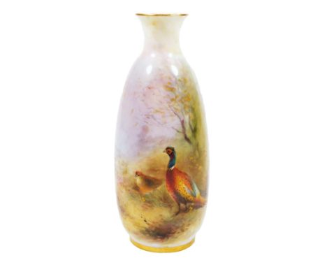 A late 19thC Royal Worcester porcelain vase, decorated by James Stinton, with compressed trumpet stem shouldered body and cir