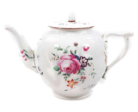 An 18thC Derbyshire porcelain teapot and cover, c.1775, with elaborate handle decorated with floral sprays, 15cm H. (AF) 